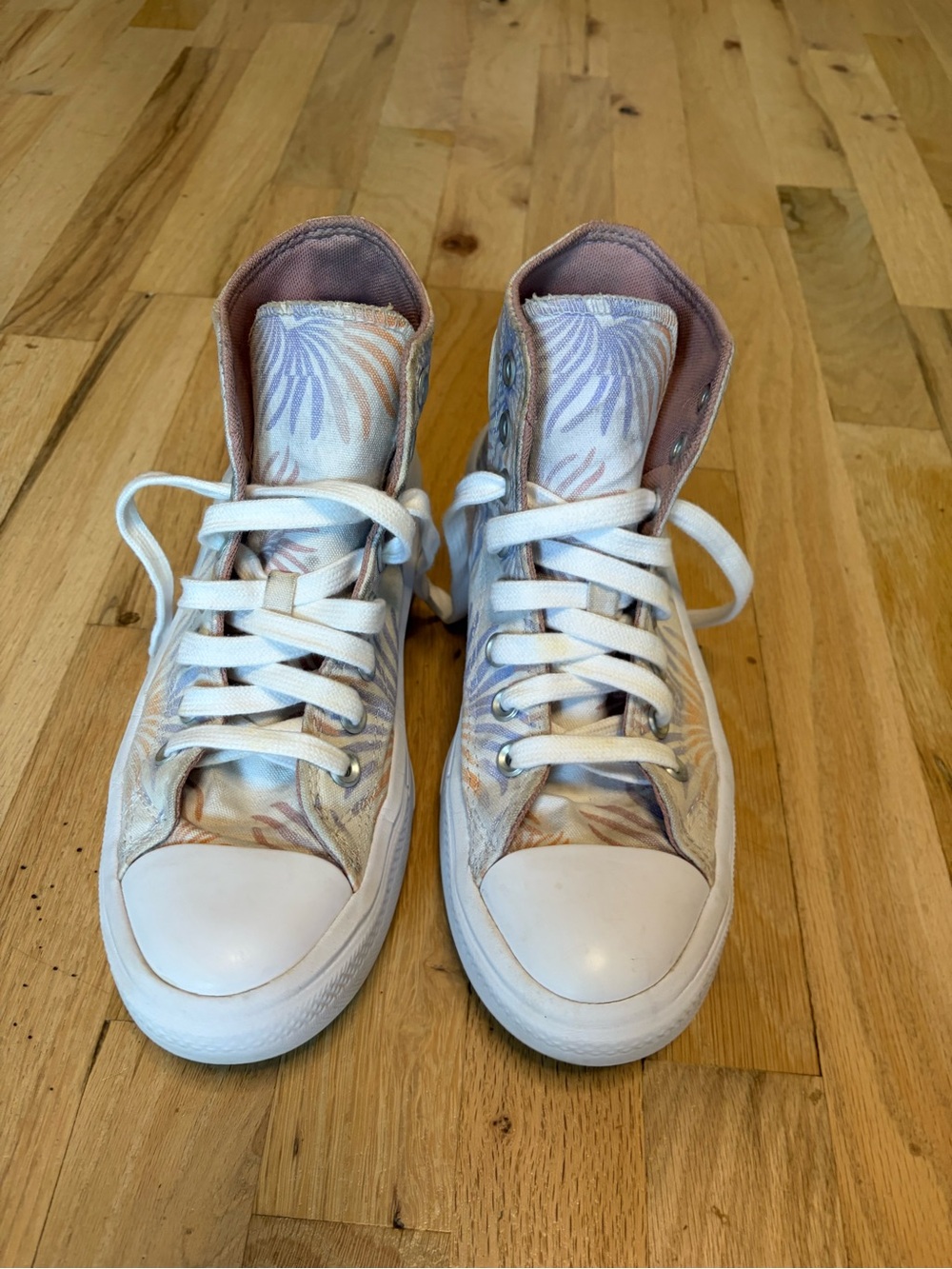 Converse High-Top Sneakers in Pale Pink and White with Subtle Floral Print